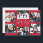 Modern merry script red 6 photo Christmas collage Holiday Card<br><div class="desc">A college of 6 photos is collected around a modern merry script in the center and a custom message. This simple design is trend forward and the perfect way to share a year of highlights with friends and family. The backer is a coordinating red stripe.</div>