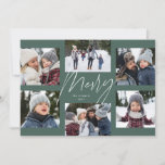 Modern merry script sage 6 photo Christmas collage Holiday Card<br><div class="desc">This holiday photo card features a college of 6 photos around a modern merry script in the center and a custom message. This simple design is trend forward and the perfect way to share a year of highlights with friends and family. The backer is a coordinating sage green stripe.</div>