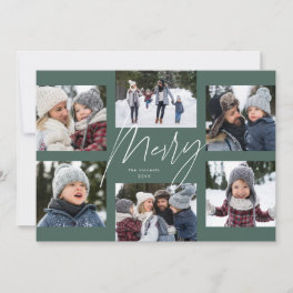 Modern merry script sage 6 photo Christmas collage Holiday Card