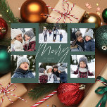 Modern merry script sage 6 photo Christmas collage Holiday Card<br><div class="desc">This holiday photo card features a college of 6 photos around a modern merry script in the center and a custom message. This simple design is trend forward and the perfect way to share a year of highlights with friends and family. The backer is a coordinating sage green stripe.</div>