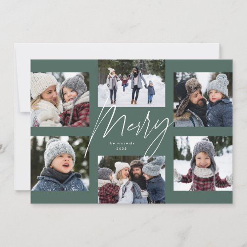 Modern merry script sage 6 photo Christmas collage Holiday Card