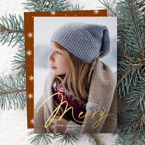 Modern Merry Signature Script Gingerbread Photo Foil Holiday Card
