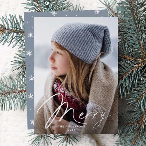 Modern Merry Signature Script Icy Blue Photo Foil Holiday Card