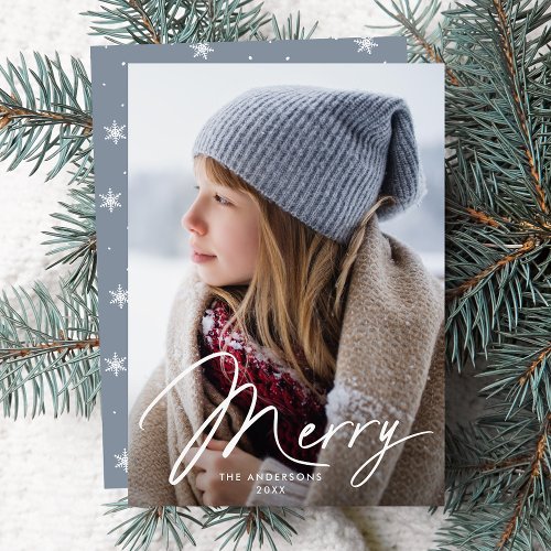 Modern Merry Signature Script Icy Blue Photo Holiday Card