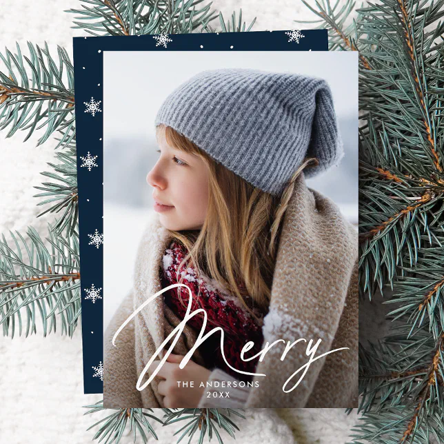 Modern Merry Signature Script Navy Photo Holiday Card Zazzle