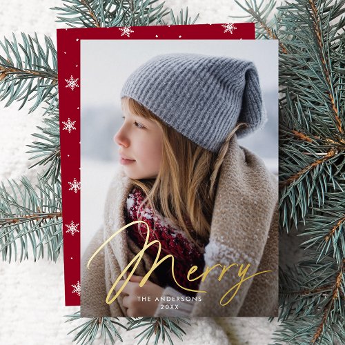 Modern Merry Signature Script Red Photo Foil Holiday Card