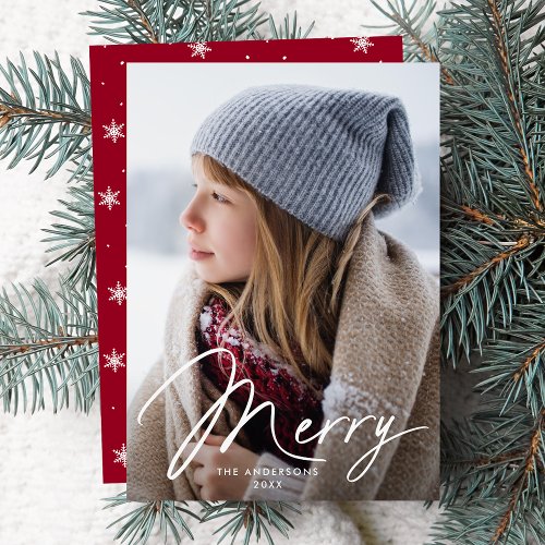 Modern Merry Signature Script Red Photo Holiday Card