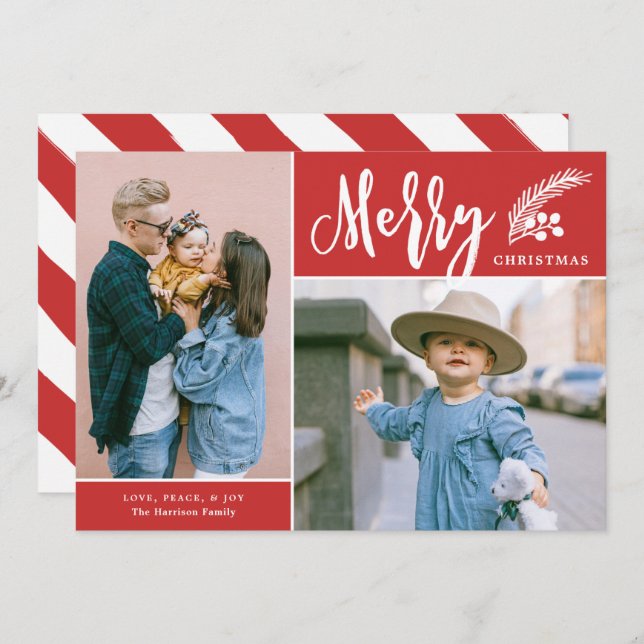 Modern Merry Two Photo Christmas Red Holiday Card (Front/Back)