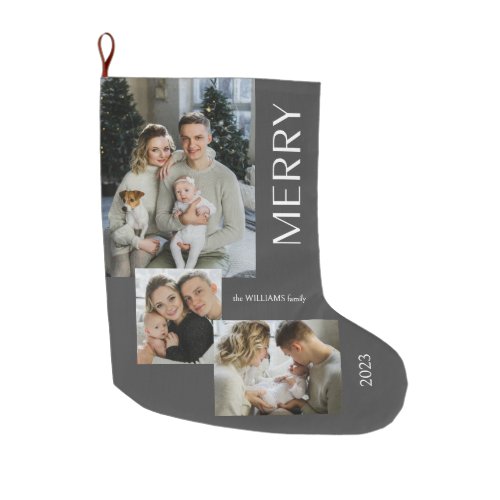 Modern Merry Typography 3 Photo Holiday Large Christmas Stocking