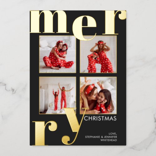 Modern Merry Typography Photo Collage Black Foil Holiday Card