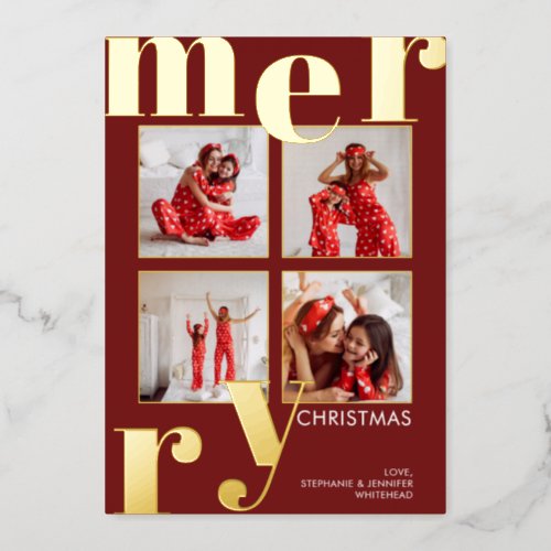 Modern Merry Typography Photo Collage Burgundy Foil Holiday Card