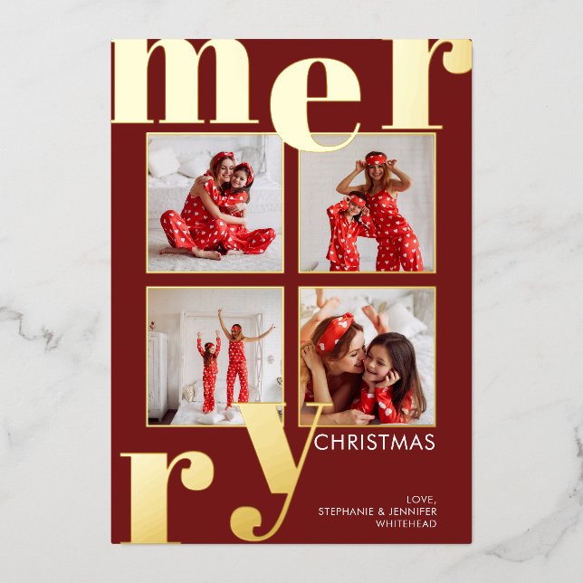 Modern Merry Typography Photo Collage Burgundy Foil Holiday Card (Front)