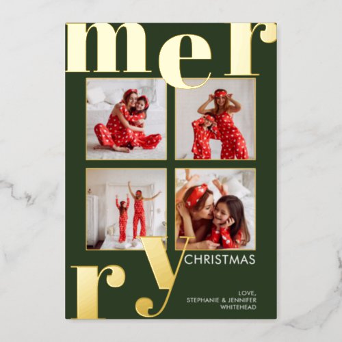 Modern Merry Typography Photo Collage Forest Green Foil Holiday Card