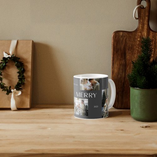 Modern Merry Typography Simple 5 Photo Coffee Mug