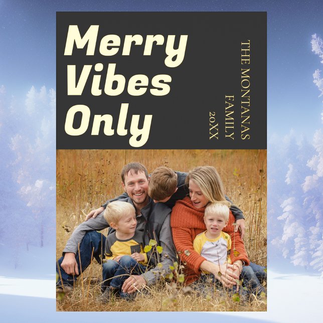 Modern Merry Vibes Only Family Photo Charcoal Gray Foil Holiday Card (Creator Uploaded)