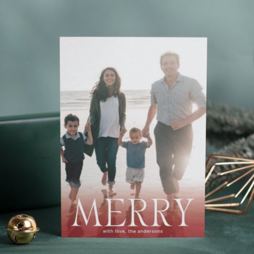 Modern MERRY White Maroon Red Overlay Photo  Holiday Card