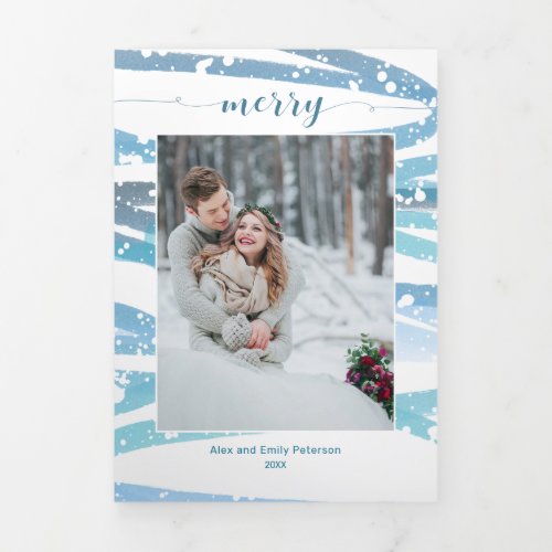 Modern Merry Winter Mint Swashes Photo Tri_Fold Holiday Card