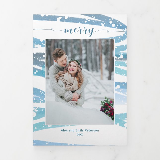 Modern Merry Winter Mint Swashes Photo Tri-Fold Holiday Card (Cover)