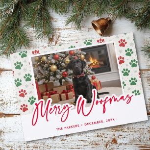 Modern Merry Woofmas Dog Paw Print Christmas Letterpress Photo Cards
