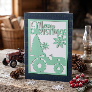 Modern Merry Xmas Tree Farm Faux Papercut Green Foil Holiday Card