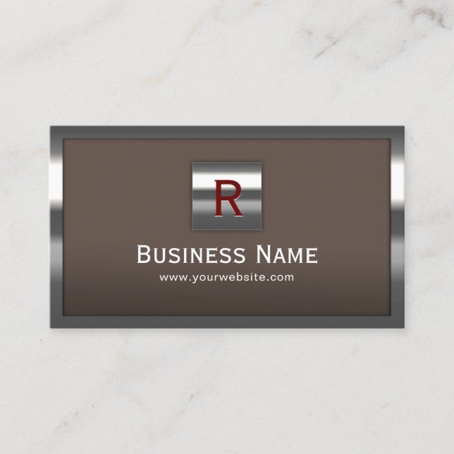 Modern Metal Framed Professional Monogram Brown Business Card (Front)