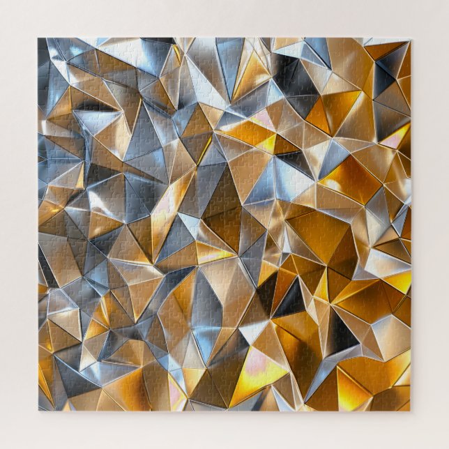 Modern Metallic Abstract Gold Silver Geometric Jigsaw Puzzle (Vertical)