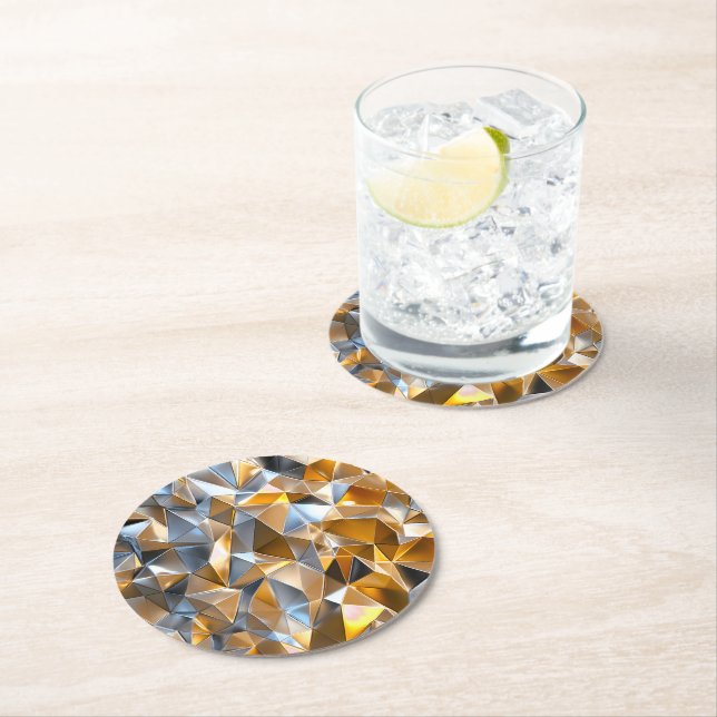 Modern Metallic Abstract Gold Silver Geometric Round Paper Coaster (Insitu)