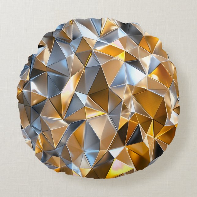 Modern Metallic Abstract Gold Silver Geometric Round Pillow (Front)