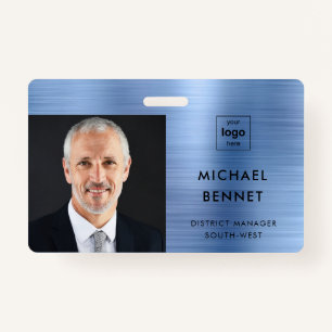 Modern Metallic Blue Company Photo ID Badge