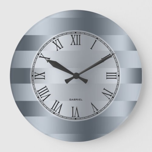 Modern Metallic Blue_Gray Stripes Pattern Large Clock