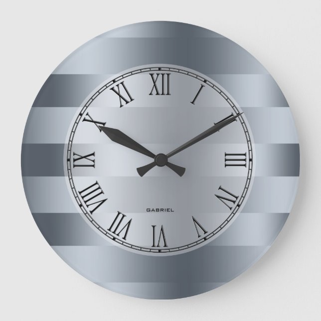 Modern Metallic Blue-Gray Stripes Pattern Large Clock (Front)