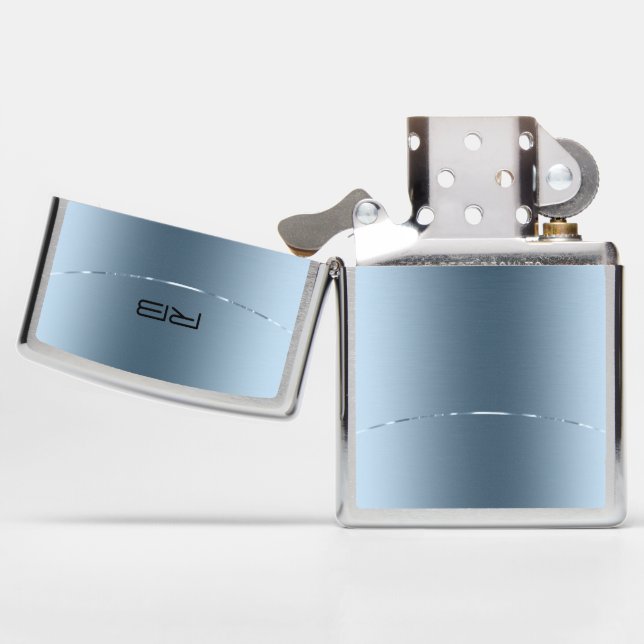Modern metallic blue stainless steel look zippo lighter (Opened)