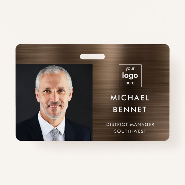 Modern Metallic Bronze Brown Company Photo ID  Badge (Front)