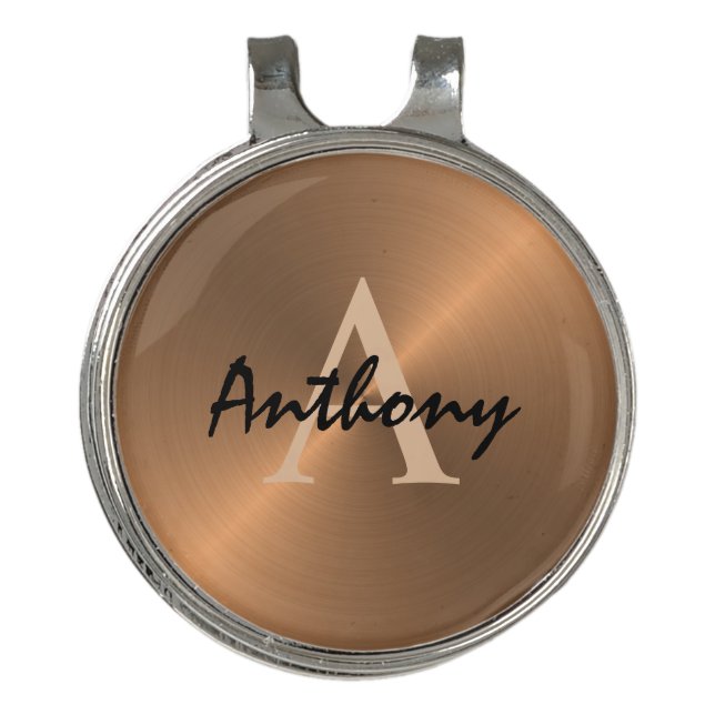 Modern Metallic Bronze Gold Monogram Name Golf Hat Clip (Front)