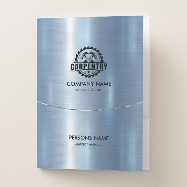Modern Metallic Faux Blue Stainless Steel Logo Pocket Folder (Front)