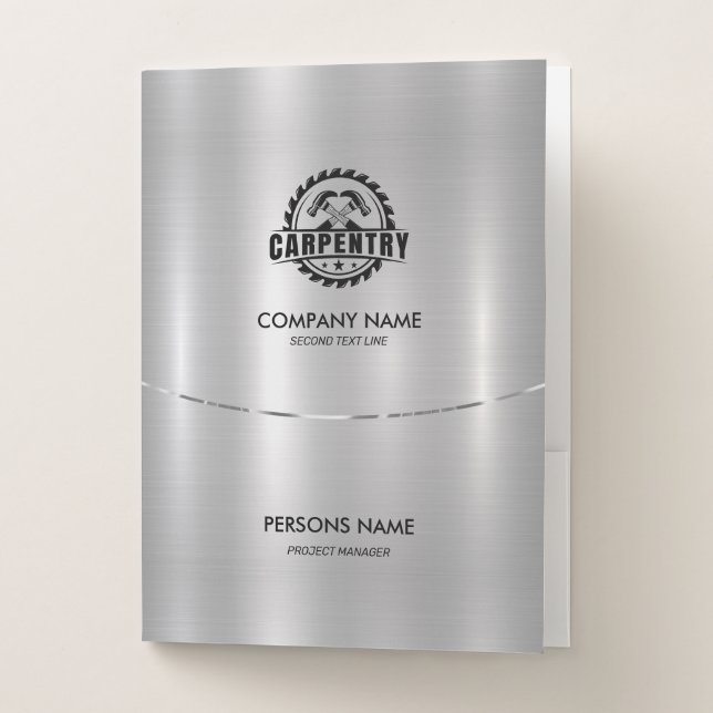 Modern Metallic Faux Silver Stainless Steel Logo Pocket Folder (Front)
