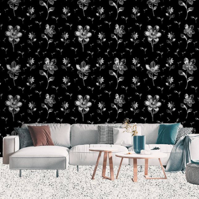  Modern Metallic Flowers Black And Silver Floral Wallpaper (Living Room)