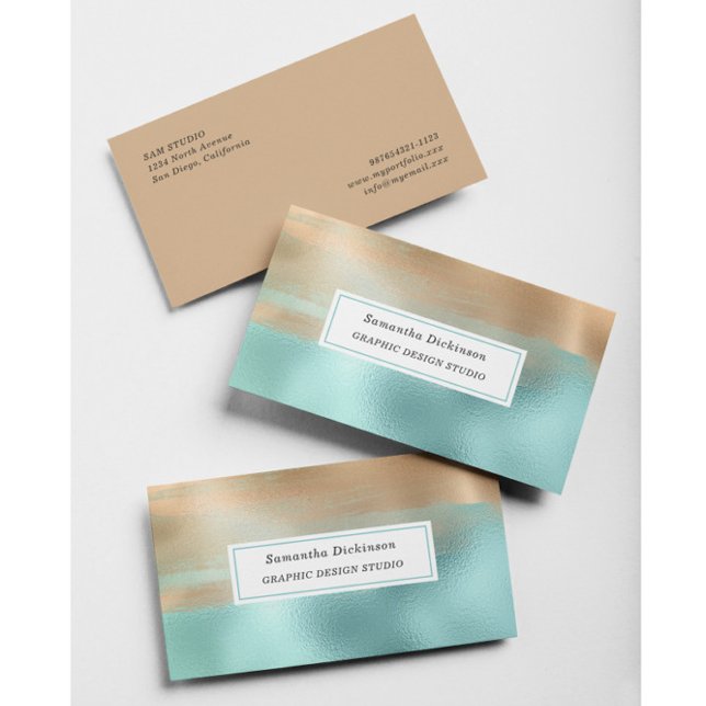 Modern Metallic Gold Beige Turquoise Business Card (Creator Uploaded)