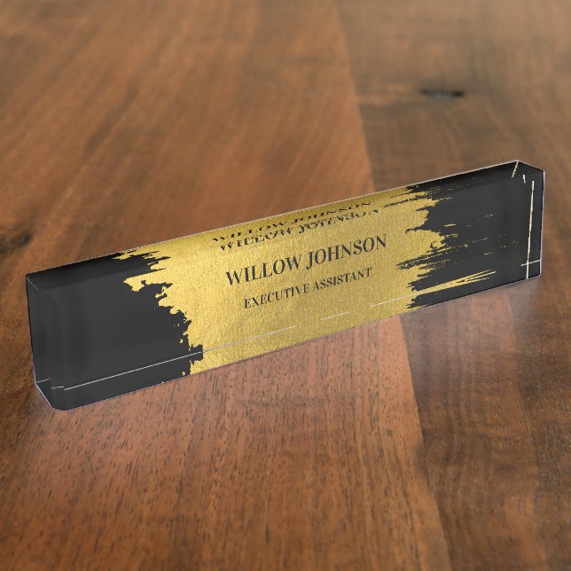 Modern Metallic Gold & Black Business Executive Desk Name Plate (Side)