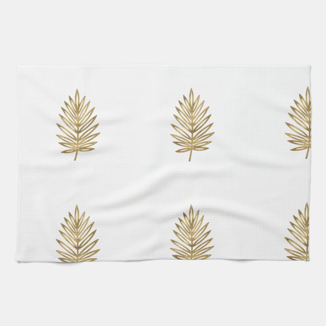 Modern Metallic Gold Botanical Palm Leaf Pattern Kitchen Towel (Horizontal)