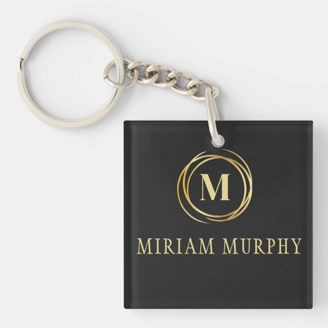 Modern metallic gold circle shape faux monogram keychain (Front)