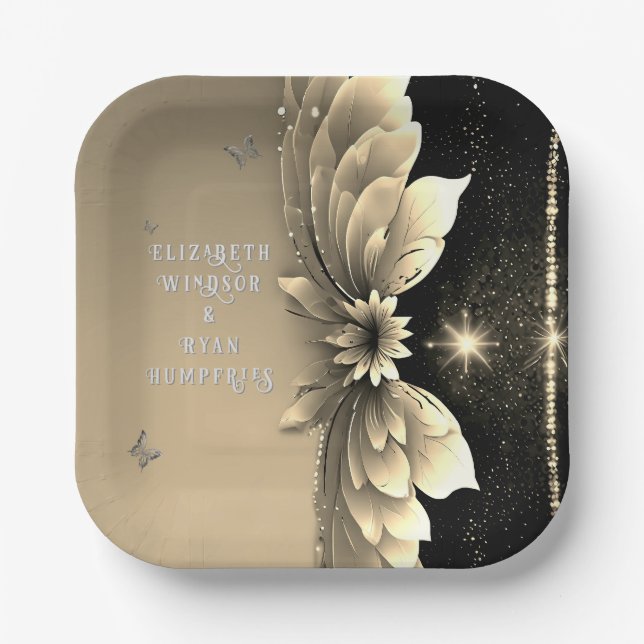 Modern Metallic Gold Floral Wedding Invitation Paper Plates (Front)