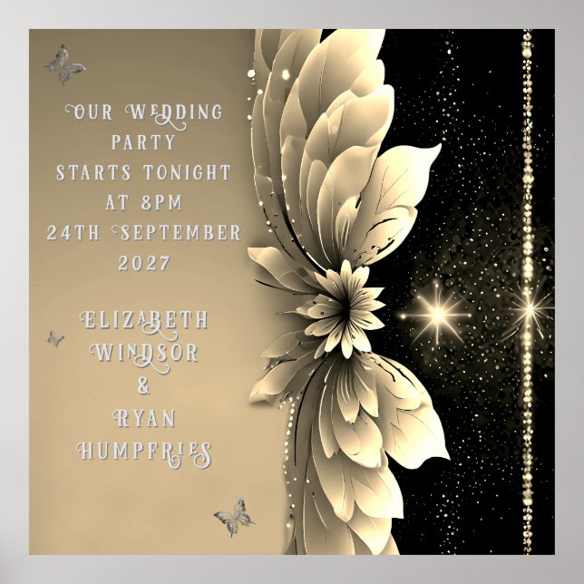 Modern Metallic Gold Floral Wedding Invitation Poster (Front)