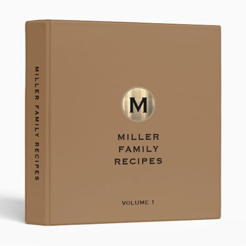 Modern Metallic Gold Monogram Family Recipe 3 Ring Binder