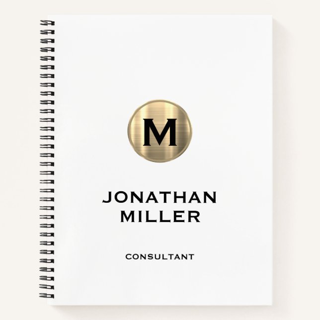 Modern Metallic Gold Monogram White Notebook (Front)