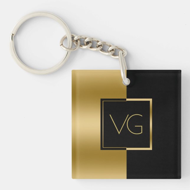 Modern Metallic Gold On Black Geometric Design Keychain (Front)