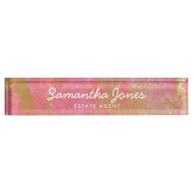 Modern Metallic Gold Pink Marble Personalized Desk Name Plate (Front)