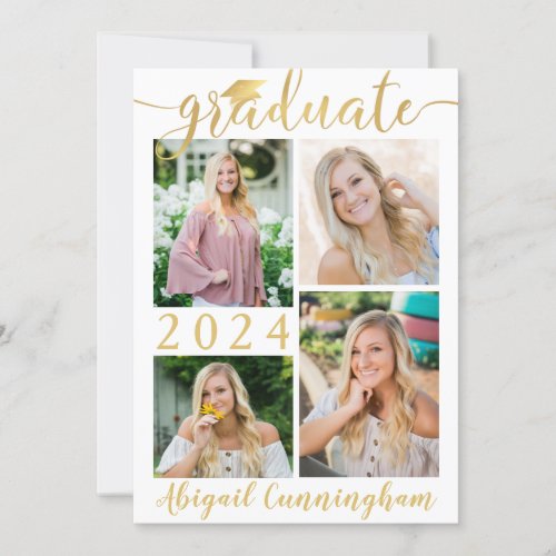 Modern Metallic Gold Script 5 Photo Graduate Announcement