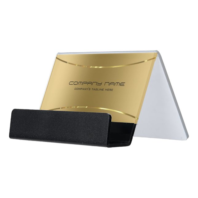 Modern Metallic Gold Stainless Steel Look Desk Business Card Holder (Angled Front)