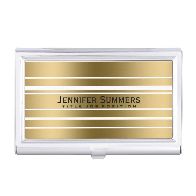 Modern Metallic Gold & White Stripes Case For Business Cards (Front)